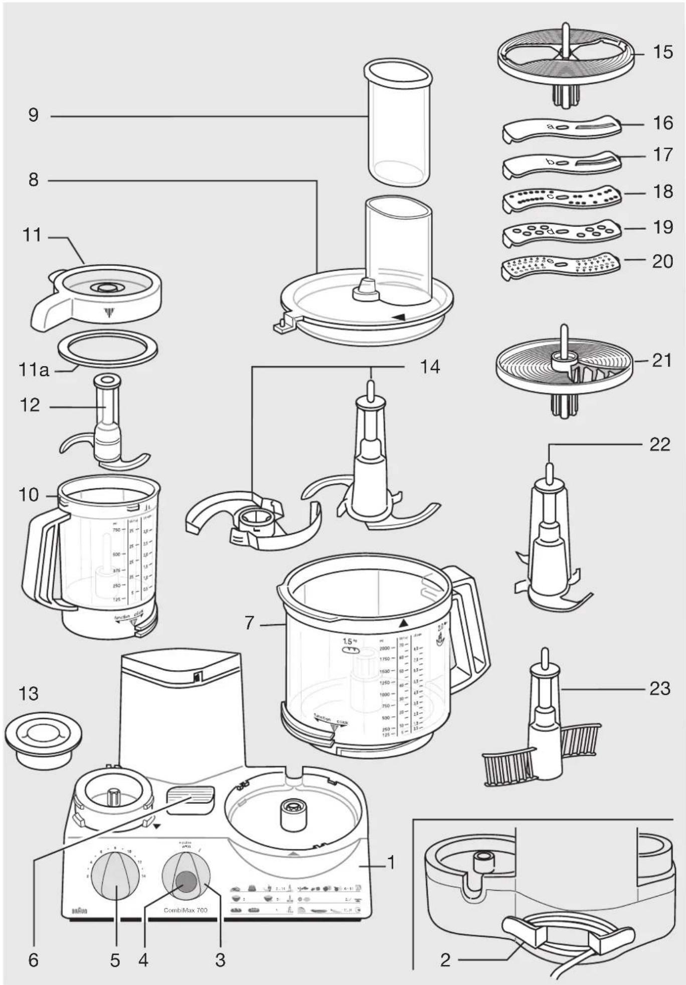 Exploded diagram of a kitchen appliance with numbered parts and labeled components