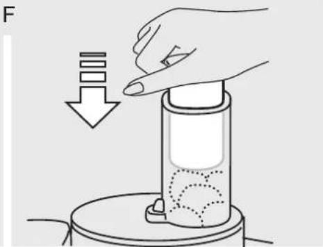 Illustration of a hand pressing down on a cylindrical device with a downward arrow indicating compression or disassembly (no text or symbols present)