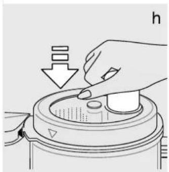 Illustration of a hand pressing down on a mechanical component with an arrow indicating downward motion (no text or symbols)
