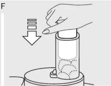 Illustration of a hand pressing down on a cylindrical device with liquid and dotted pattern (no text or symbols)