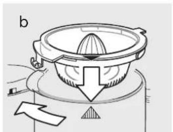 Diagram of a mechanical device with a central knob and directional arrow, no text or symbols present