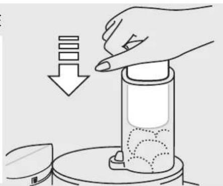Illustration of a hand pressing down on a cylindrical container with liquid, showing a downward arrow (no text or symbols)