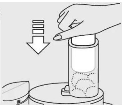 Illustration of a hand pressing down on a cylindrical container with liquid, showing a downward arrow (no text or symbols)