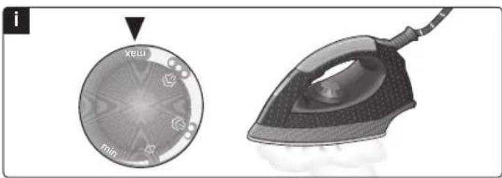 Illustration of a circular fan with 'MAX' and 'MIN' labels, alongside a steam iron (no text or symbols on the fan itself)