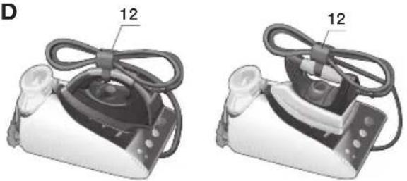 Two views of a steam iron device with labeled parts (12), shown from different angles (no text or symbols beyond labels)