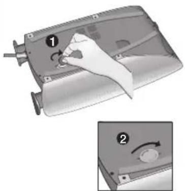 Diagram showing a hand pressing a button on a device with two labeled steps (1 and 2) indicating rotation or adjustment.