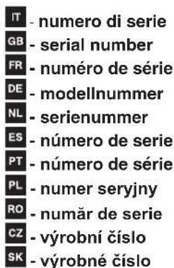 IT - serijska številka GB - serijska številka FR - serijska številka DE - serijska številka NL - serijska številka ES - serijska številka PT - serijska številka PL - numer seryjny RO - număr de serie CZ - výrobní číslo SK - výrobné číslo