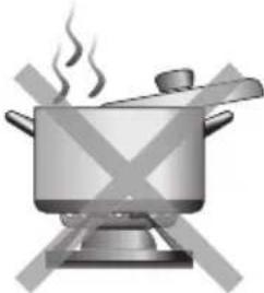 Illustration of a cooking pot with steam rising, crossed by crossed-out triangular shapes (no text or symbols)