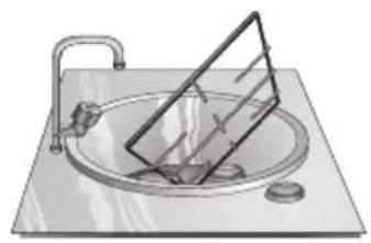 Illustration of a sink with a triangular stand and faucet. No text or symbols present.