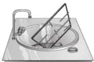 Illustration of a sink with a triangular stand and faucet, no text or symbols present.