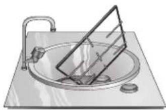 Illustration of a sink with a triangular object placed on top, no text or symbols present