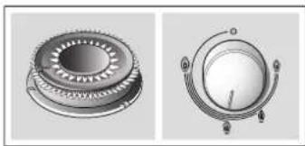 Technical illustration of two mechanical components with gear-like surfaces and a central dial (no text or symbols)
