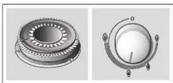 Two technical illustrations of a mechanical component with gear-like surfaces and a dial (no text or symbols)