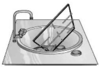Illustration of a hand washing a basin with a triangular stand and a pipe outlet, no text or symbols.