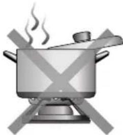 Illustration of a cooking pot with steam rising, crossed by crossed panes, no text or symbols.