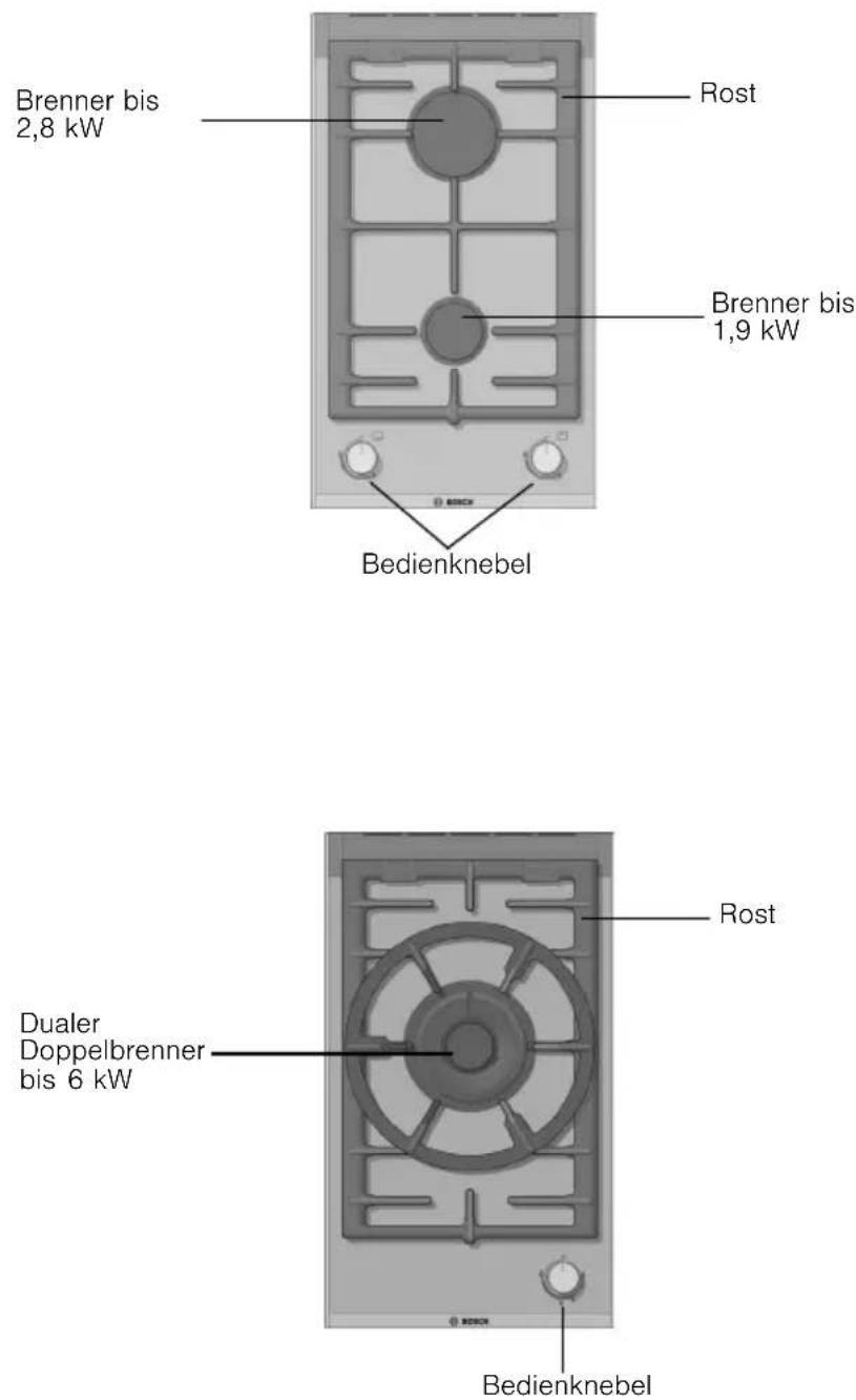 Brenner bis 2,8 kW, Rost, Brenner bis 1,9 kW, Bedienknebel, Dualer Doppelbrenner bis 6 kW, Rost, Bedienknebel