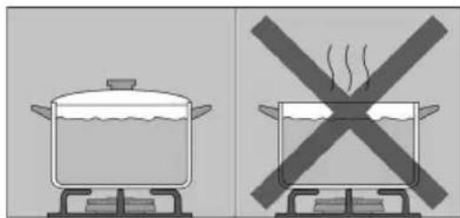 Two cooking pots: one with a pot on a stove and another with a crossed-out pot on a stove (no text or symbols).