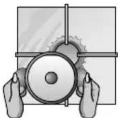 Illustration of hands holding a circular object with a gear-like structure.