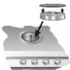 Illustration of a kitchen appliance with a lid and base.