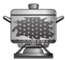 Illustration of a steaming pot with a lid and side handles, no text or symbols present