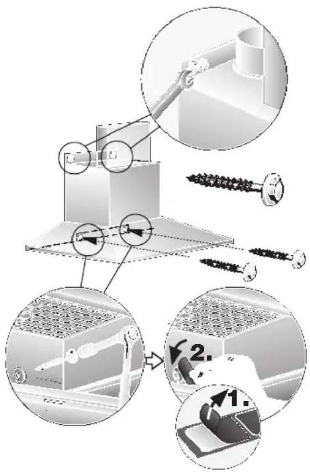 Technical diagram illustrating assembly steps of a mechanical component with labeled parts and numbered instructions.
