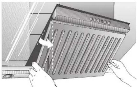 Illustration of hands installing or adjusting a heat exchanger panel (no text or symbols visible)