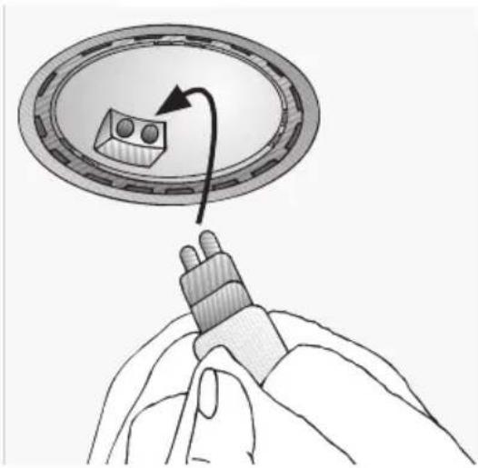 Illustration of a hand holding a cable with a magnified inset showing a component inside a circular frame (no text or symbols)