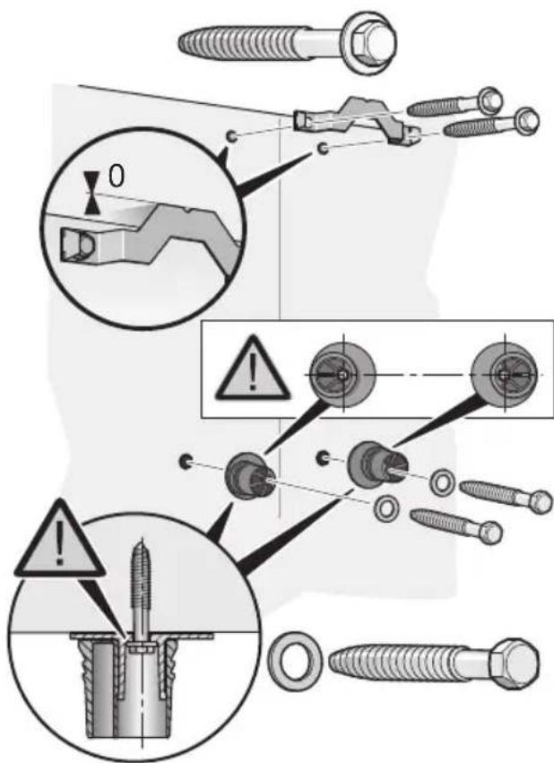 Technical diagram illustrating bolt hole assembly and safety warning, showing disassembly and disassembly steps with magnified views.