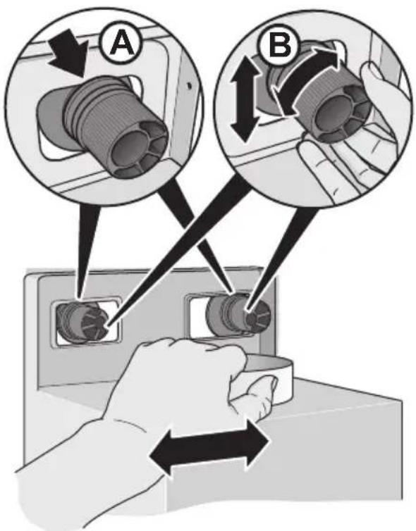 Diagram showing two hands inserting a component into a device, labeled A and B, with arrows indicating direction of movement.