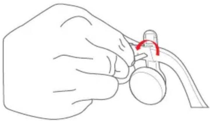 Line drawing of a hand holding a small object with a red curved arrow indicating motion (no text or symbols)