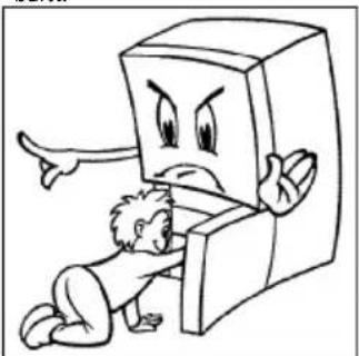 Cartoon illustration of a child running away from a computer with a large face (no text or symbols)