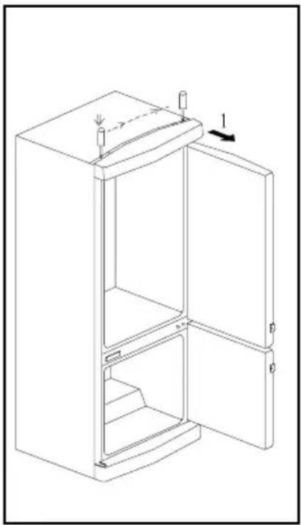 Line drawing of a refrigerator cabinet with open door and side door, showing internal compartments and ventilation slots (no text or labels).