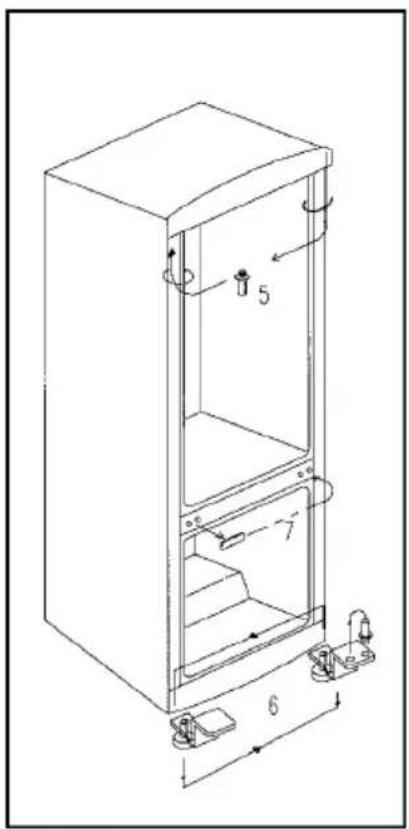Technical diagram of a cabinet with numbered components and directional arrows indicating motion or movement.