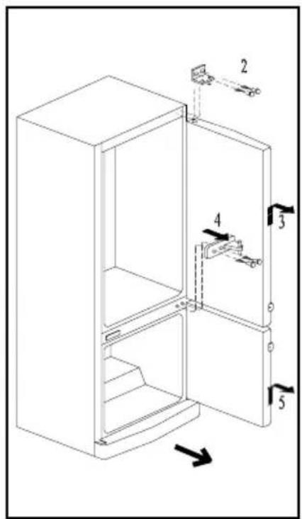 Technical diagram of a refrigerator with labeled parts and directional arrows indicating assembly or movement.