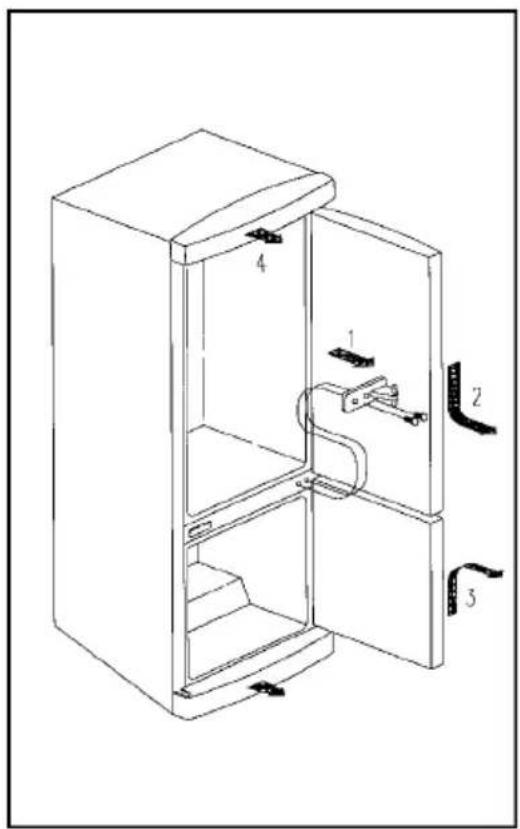 Technical diagram of an open refrigerator with labeled parts 1, 2, and 3.