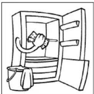 Line drawing of a door with an open lid, showing a hand holding a tool inside (no text or symbols)