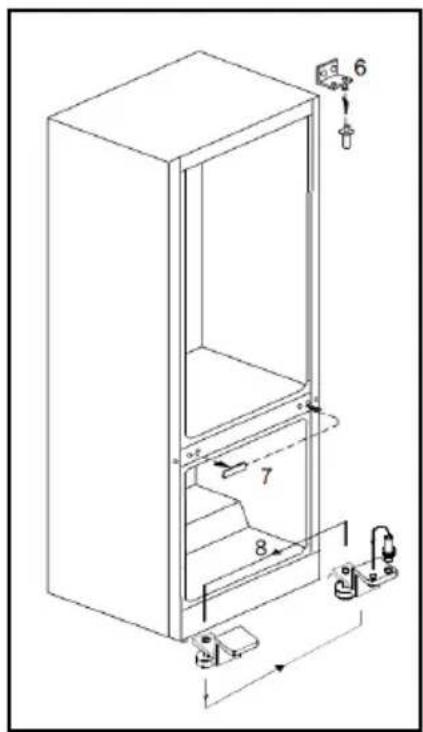 Technical diagram of a refrigerator with numbered components and directional arrows indicating assembly or installation.