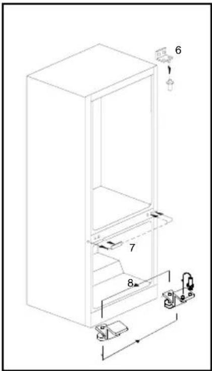 Technical diagram of a refrigerator with labeled components and directional arrows indicating assembly or movement.