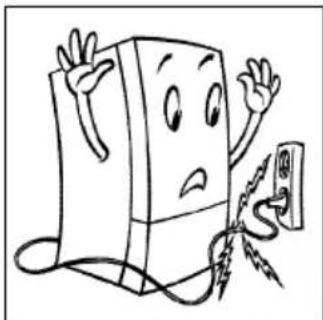 Cartoon illustration of a sad book character with arms raised, next to an electrical plug (no text or symbols)