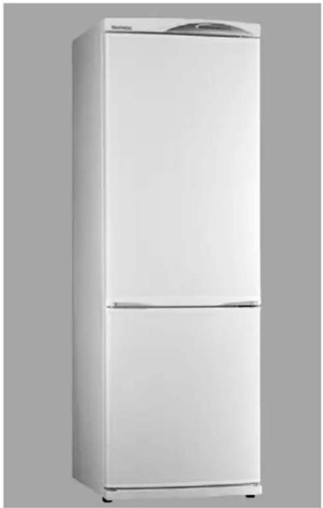 Exterior view of a white refrigerator with two doors and a lid (no visible text or symbols)