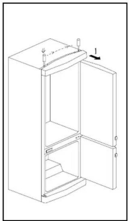 Line drawing of a refrigerator cabinet with doors open and side shelves, showing internal components and a directional arrow (no text or symbols)