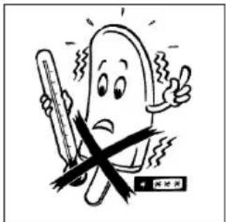Cartoon illustration of a distressed character holding a thermometer and crossed out, with a warning sign below.