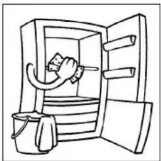 Line drawing of a hand inserting a tool into a door with buckets (no text or symbols)