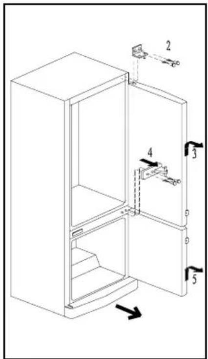 Technical diagram of an open refrigerator with labeled parts and directional arrows indicating assembly or movement.