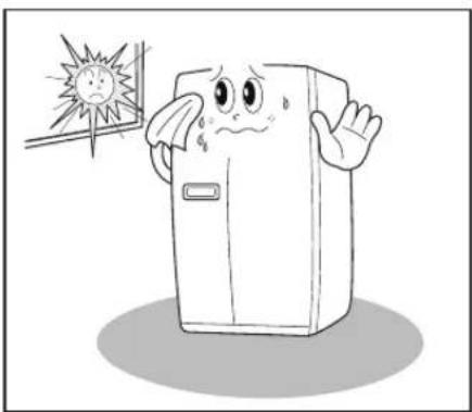 Cartoon illustration of a distressed refrigerator with a sad face, standing beside a window with a sunburst effect (no text or symbols)