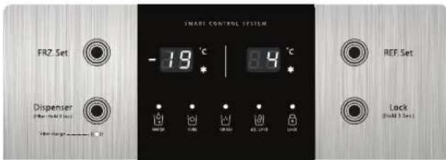 SMART CONTROL SYSTEM FRZ Set -19 °C * 8.4 °C REF. Set Dispenser (20mA 3 sec) Lock (20mA 3 sec)