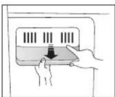 Illustration of a hand pressing down on a device with a downward arrow (no text or symbols)