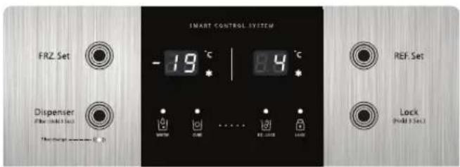 SMART CONTROL SYSTEM FRZ Set -19 °C 8.4 °C Dispenser (For: solid 3 sec) Thermostat —— M.D. REF. Set Lock (Pold 3 sec.)