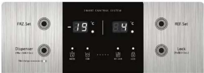 SMART CONTROL SYSTEM FRZ Set -19 °C 0.9 °C REF Set Dispenser (Hold 3 Set) Flow change —— R. D Lock (Phold 3 Set)