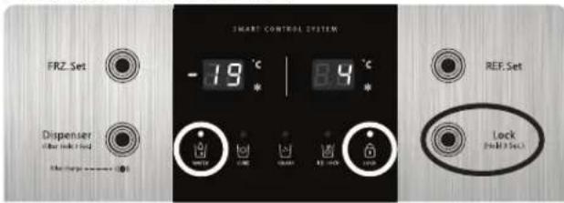 SMART CONTROL SYSTEM FRZ Set -19 °C | 8.4 °C Dispenser (Off, off, off) REF. Set Lock (Off, off, off)